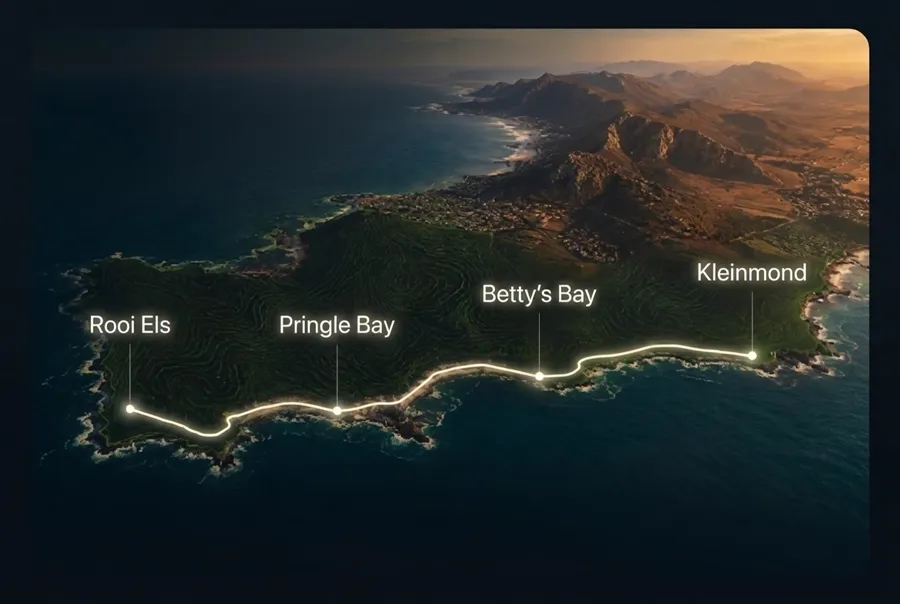 Map of the towns we serve: Betty's Bay, Pringle Bay, Rooi Els and Kleinmond